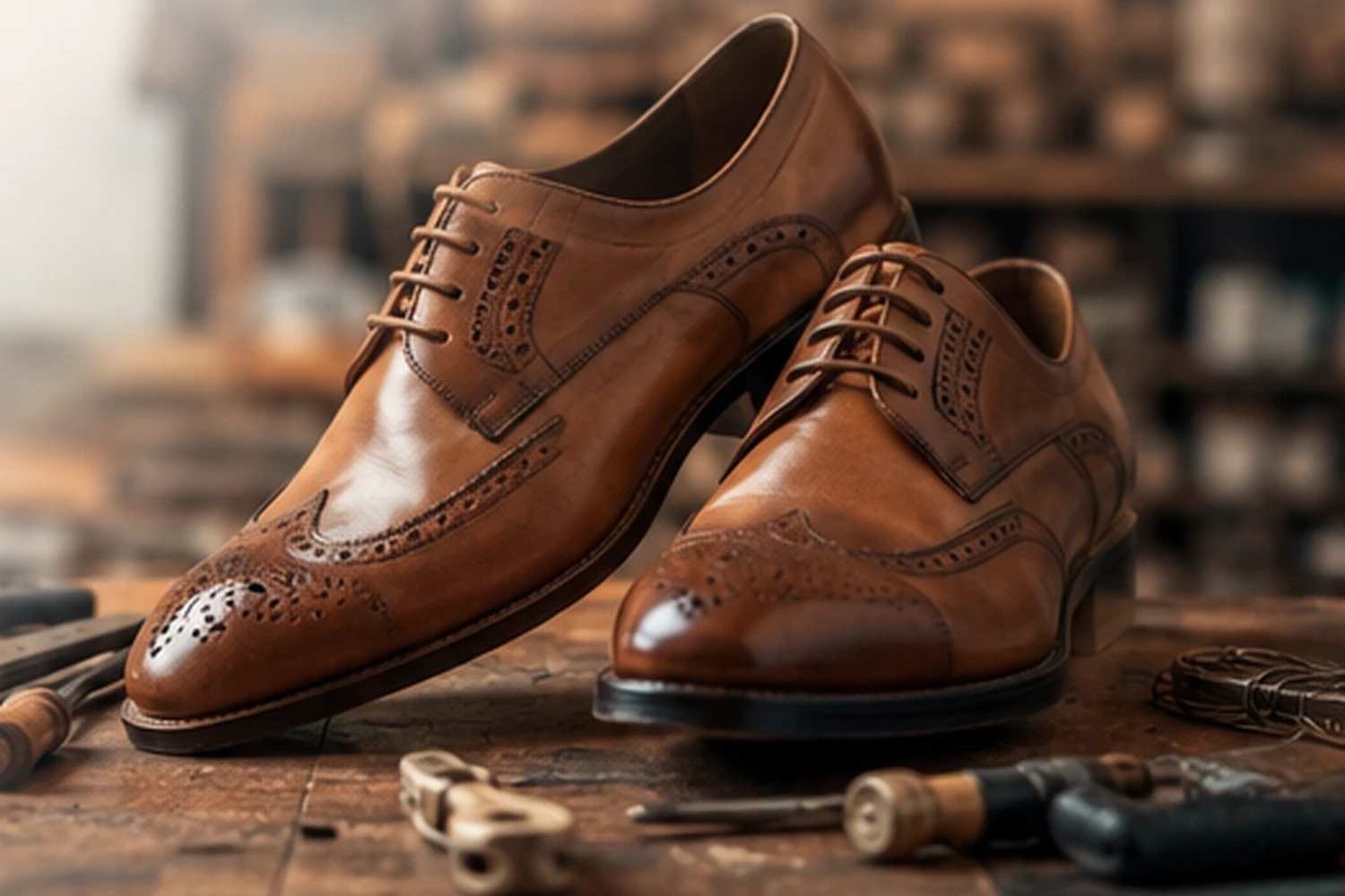 Handcrafted Italian leather shoes displayed on a traditional shoemaker’s workbench